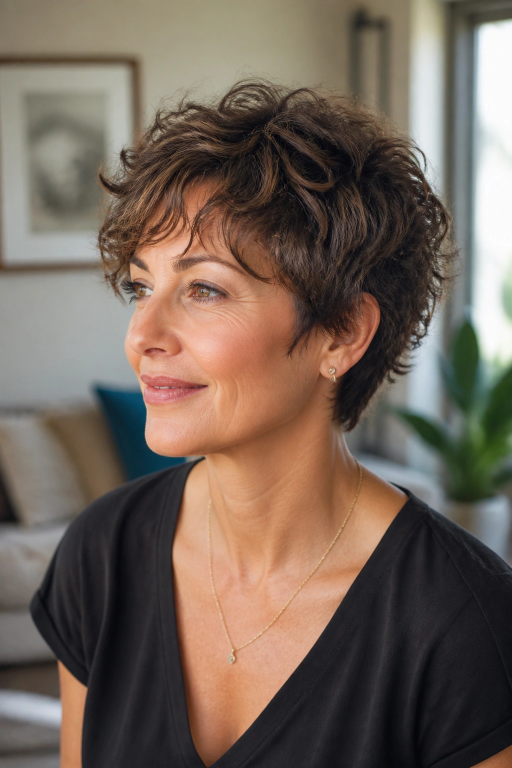 Close-up of a real woman with curly shag pixie showcasing volume and soft outline.