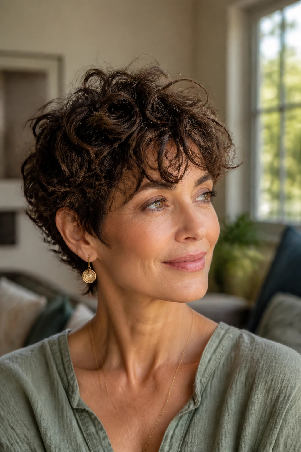 Close-up of a real woman with soft curly shaggy pixie and defined waves.