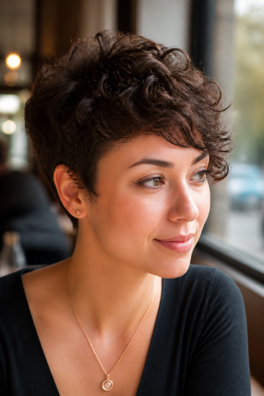 Close-up portrait of a real woman with a curly pixie and side-swept bangs.