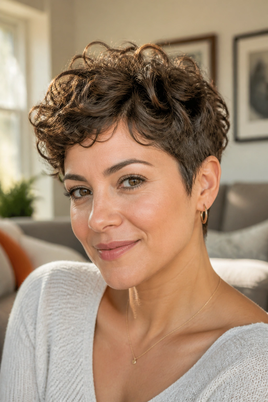 Close-up of a real woman with curly pixie and soft layers