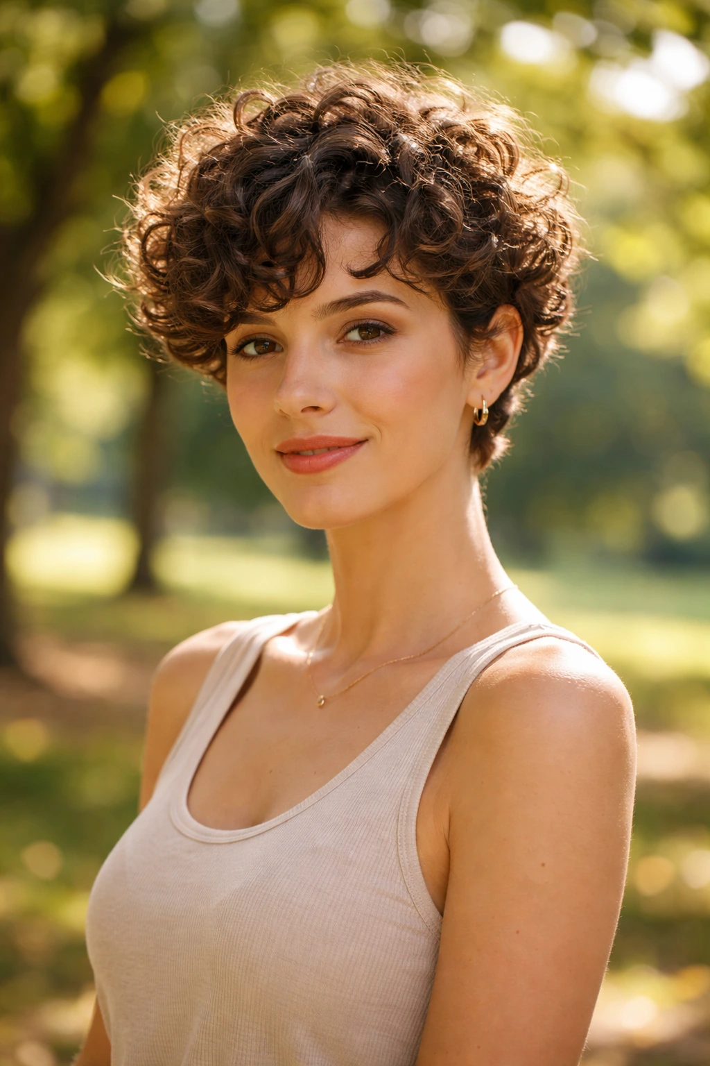 Close-up of a real woman with a curly pixie and soft rounded shape.