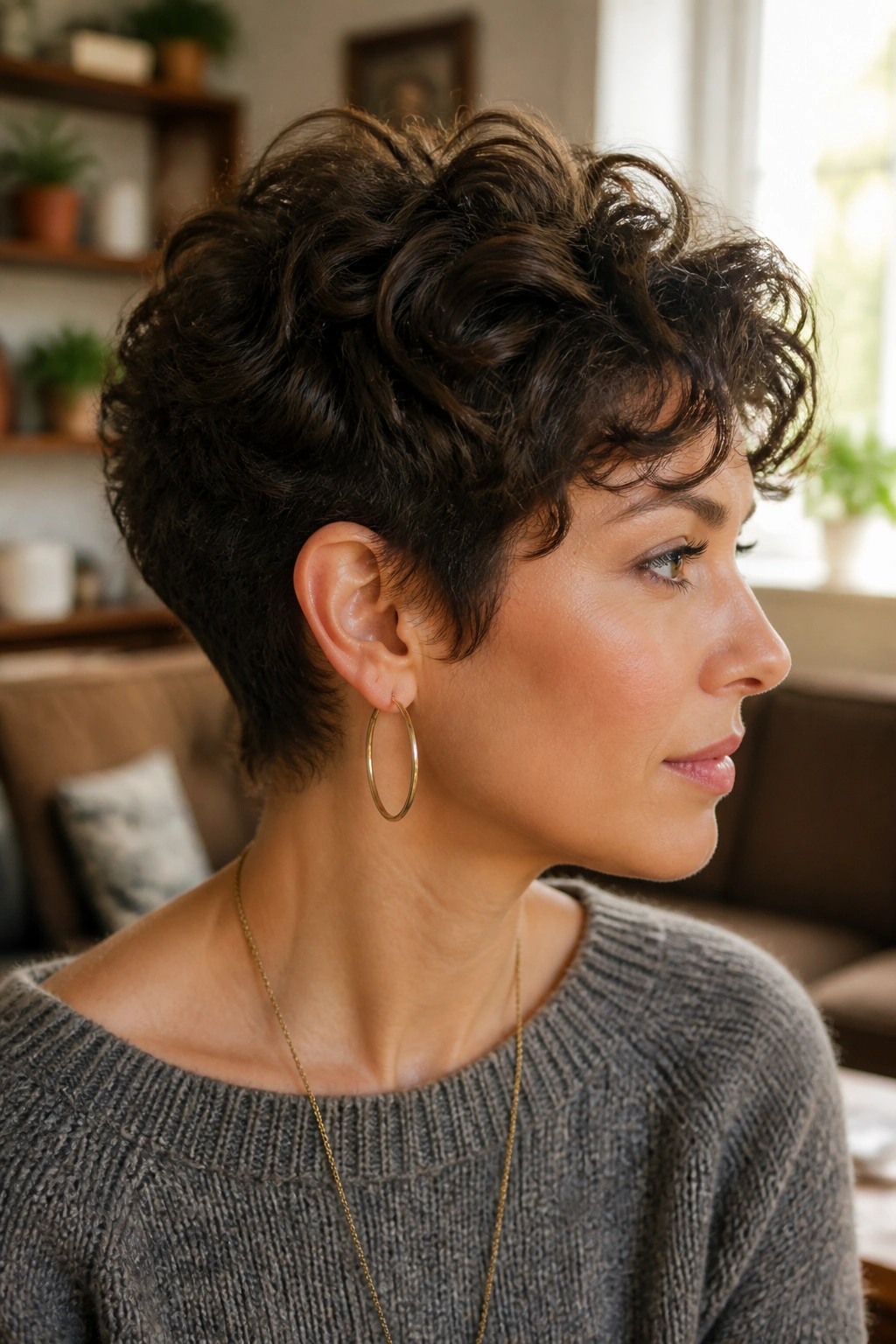 Close-up portrait of a real person with curly stacked pixie showing curl pattern