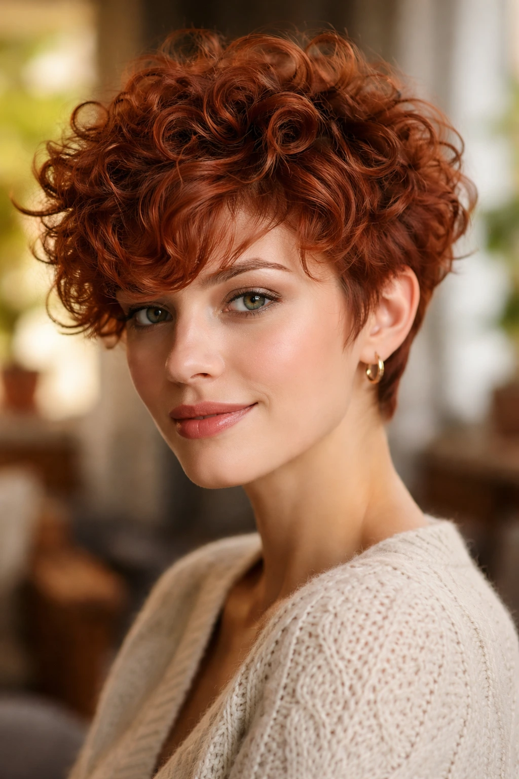 Close-up of a real woman with a voluminous curly strawberry pixie cut in natural light