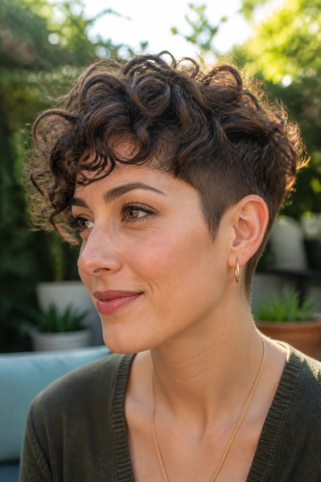Close-up portrait of a real woman with curly long pixie and tapered sides.