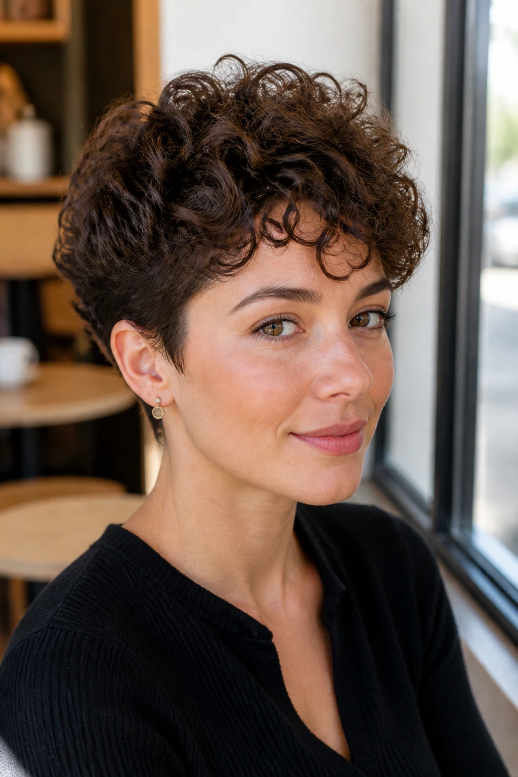 Portrait of a real woman with elegant curly pixie featuring soft tapered layers in natural light