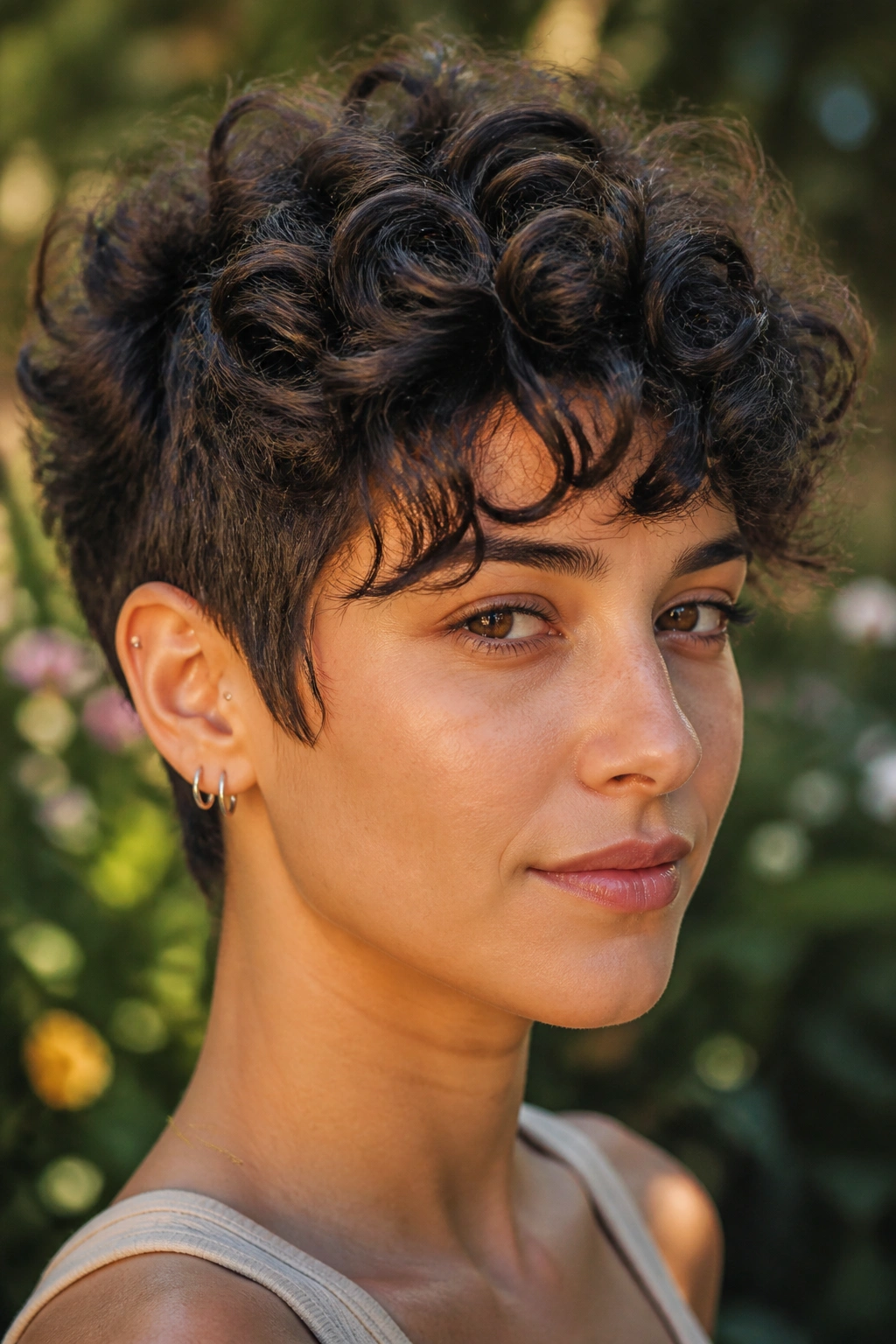 Close-up of a real woman with curly shaggy pixie and tapered sides.