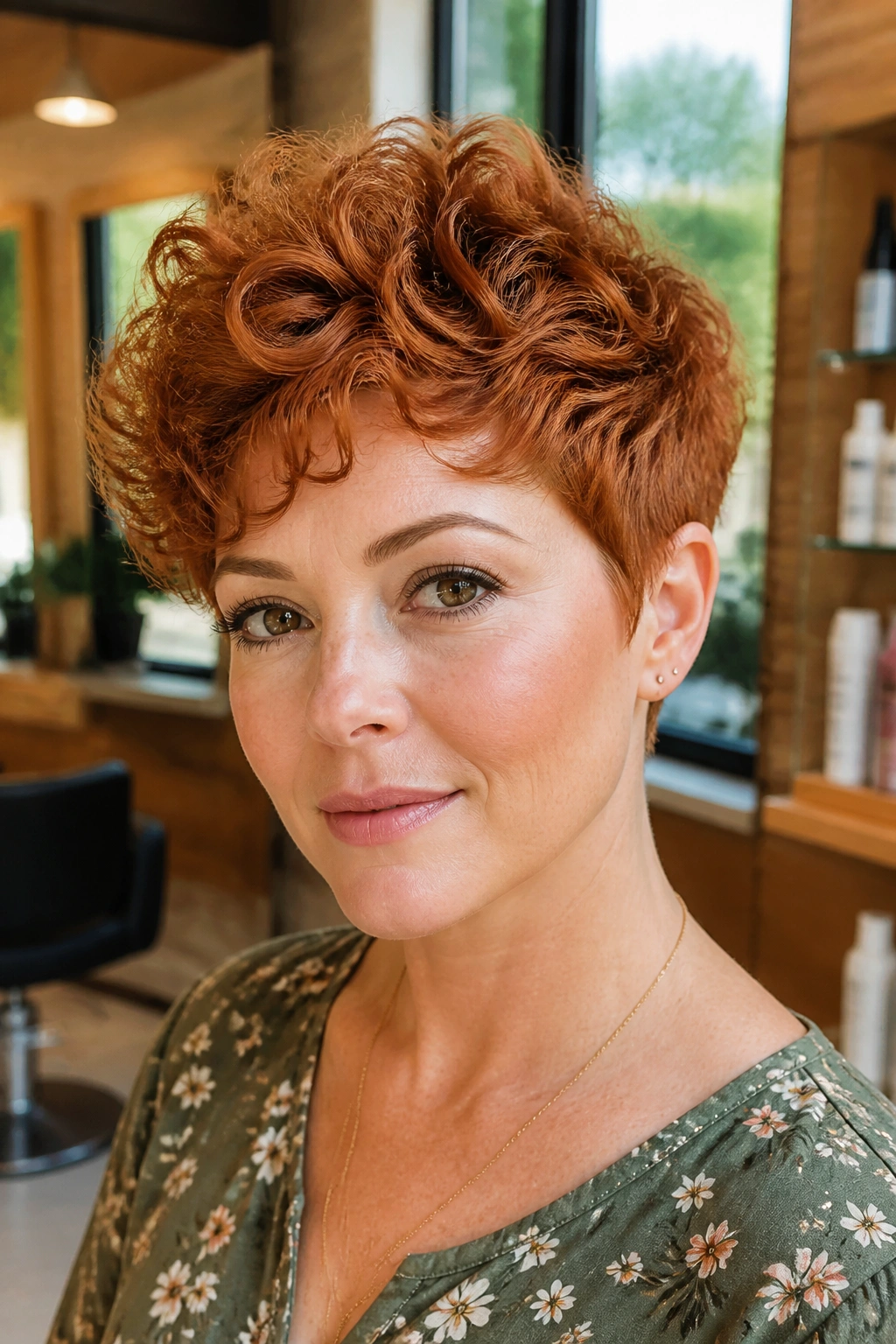 Close-up portrait of a real woman with curly red pixie showing natural texture in a sunlit salon