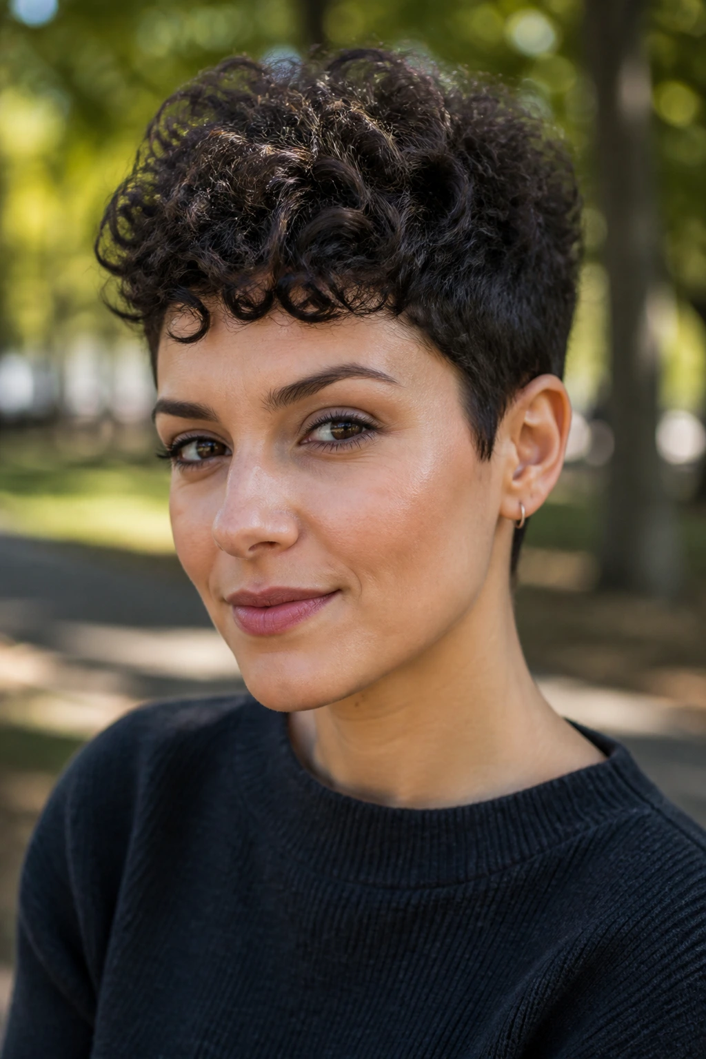 Portrait of a woman with a curly pixie cut accentuating curls