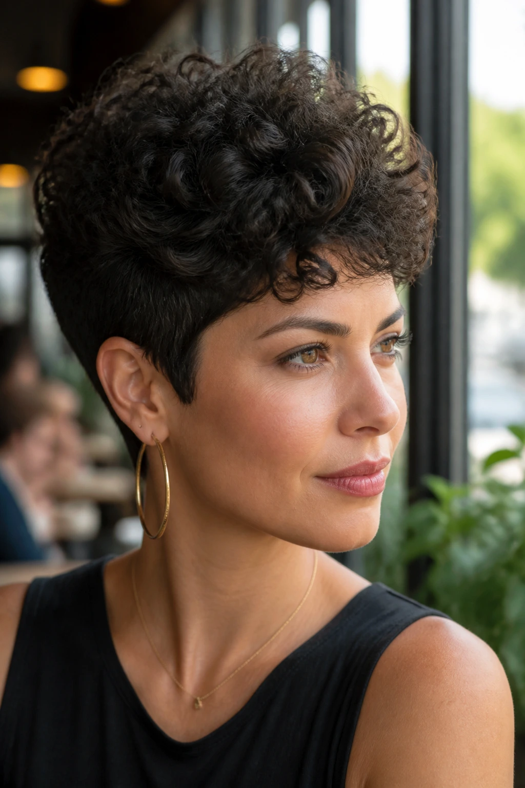 Close-up of a real woman with curly pixie and controlled volume in natural light