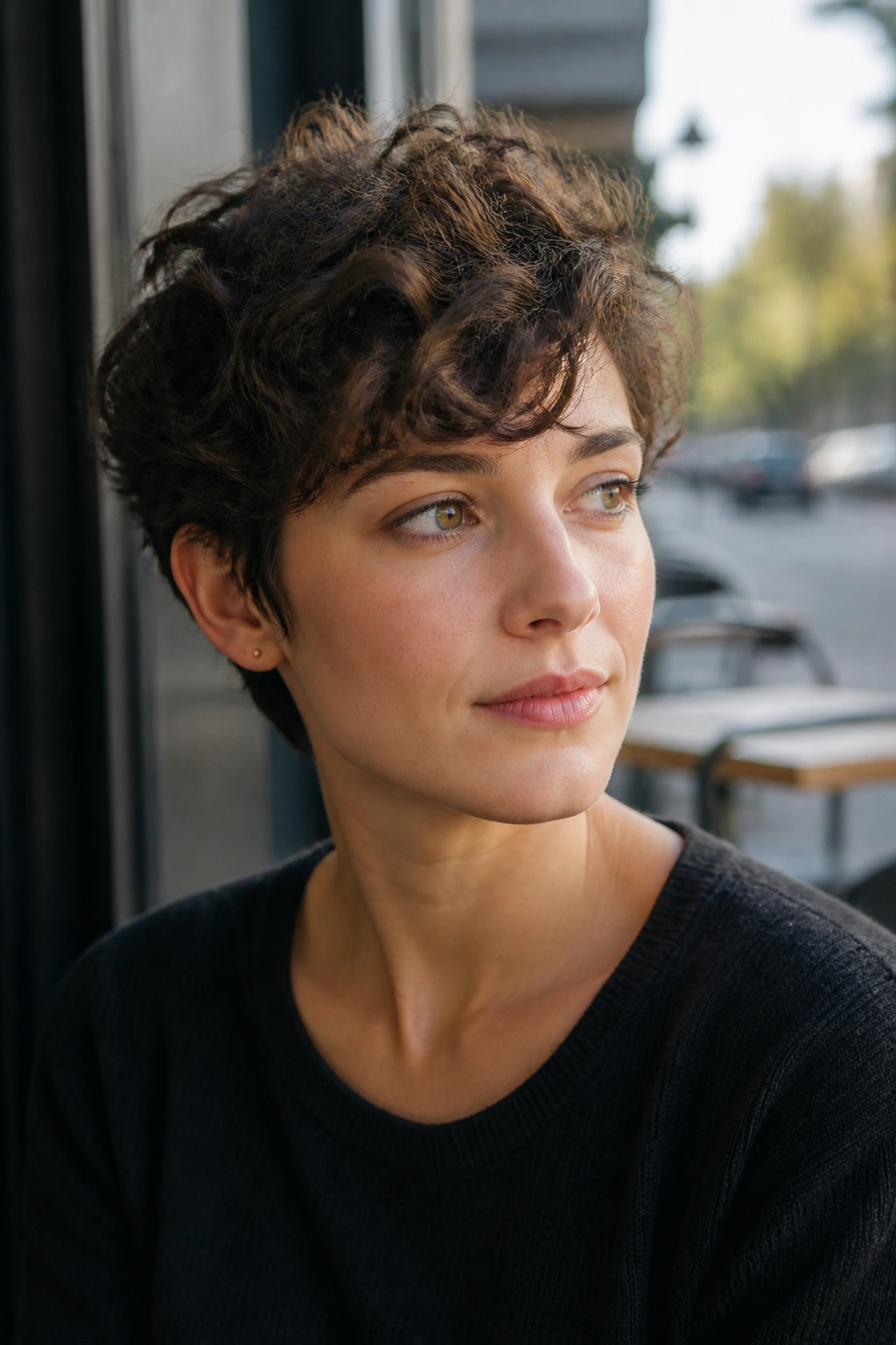 Medium close-up of a real person with curly/wavy pixie and soft bend for added volume