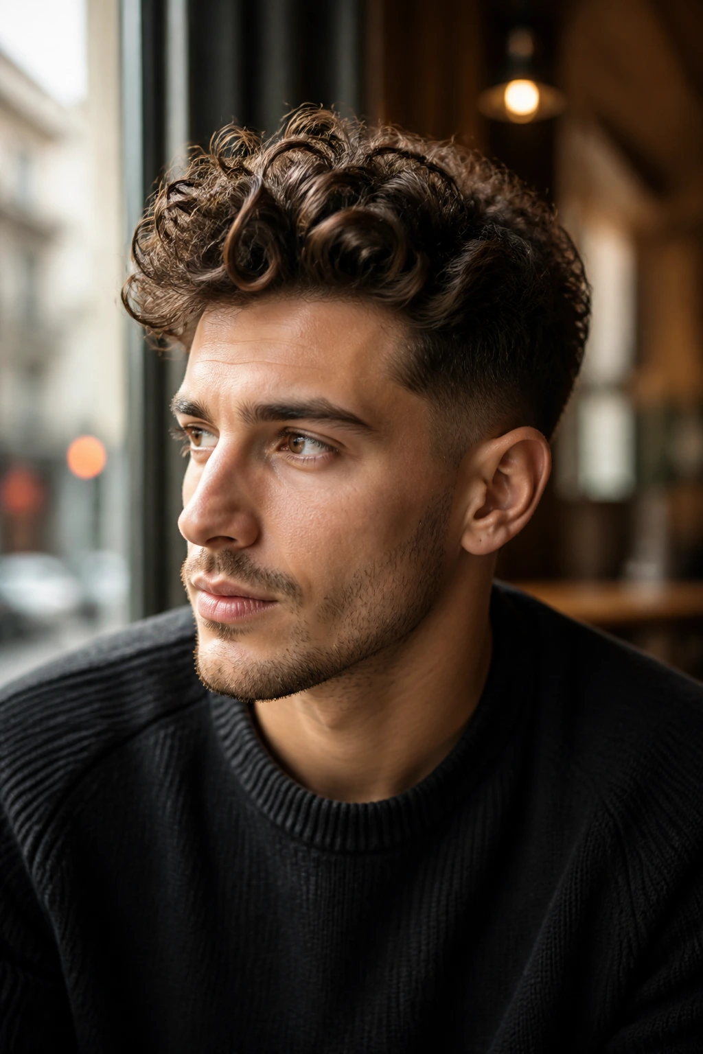 Close-up of a man with a curly pompadour in warm cafe light