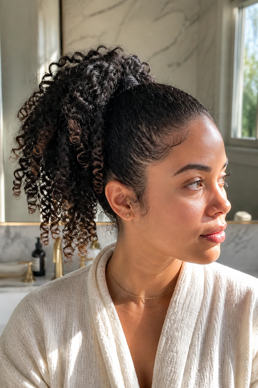 Close-up of curly ponytail with defined ends on a real woman in a sunny bathroom