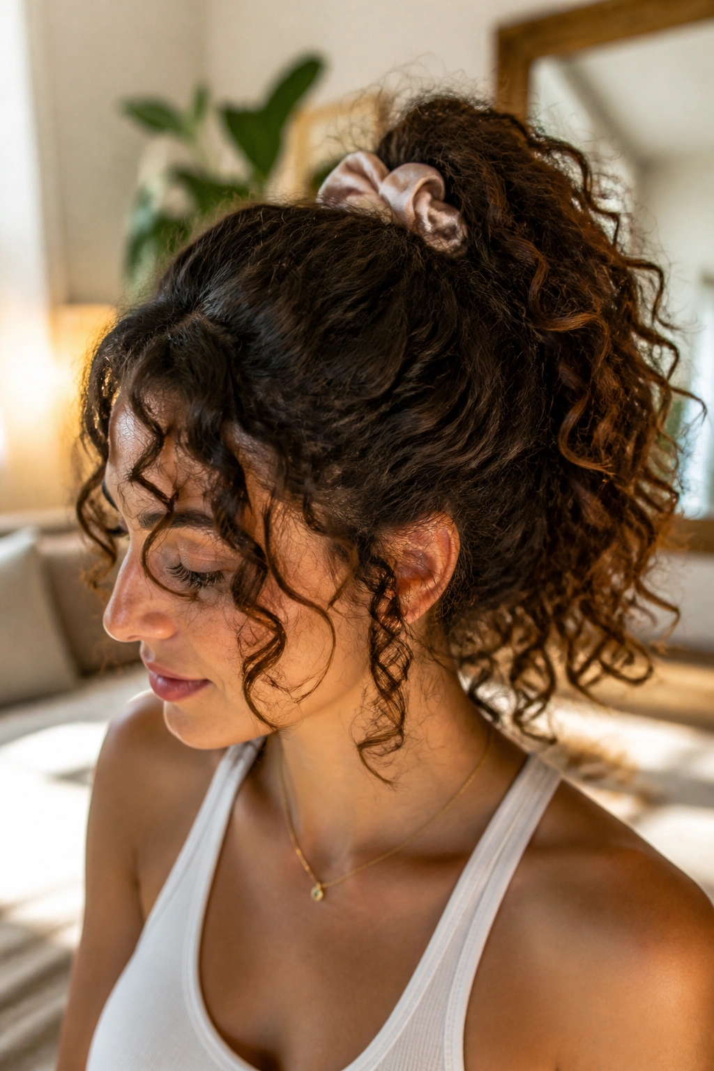 Close-up of curly hair gathered into a loose ponytail with a broken-in finish