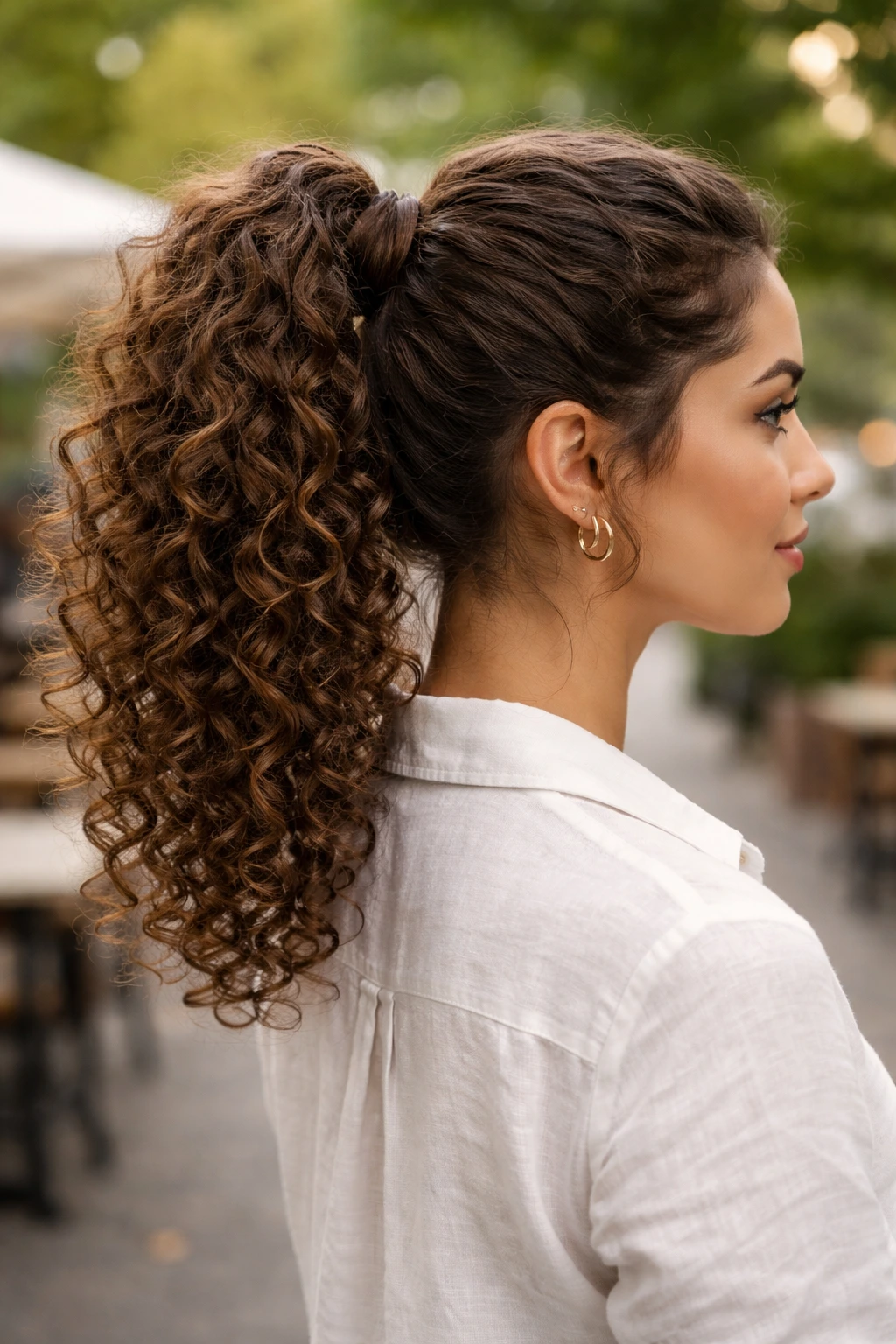 Side-profile of a real woman with a curly ponytail and a wrapped base around the hair elastic