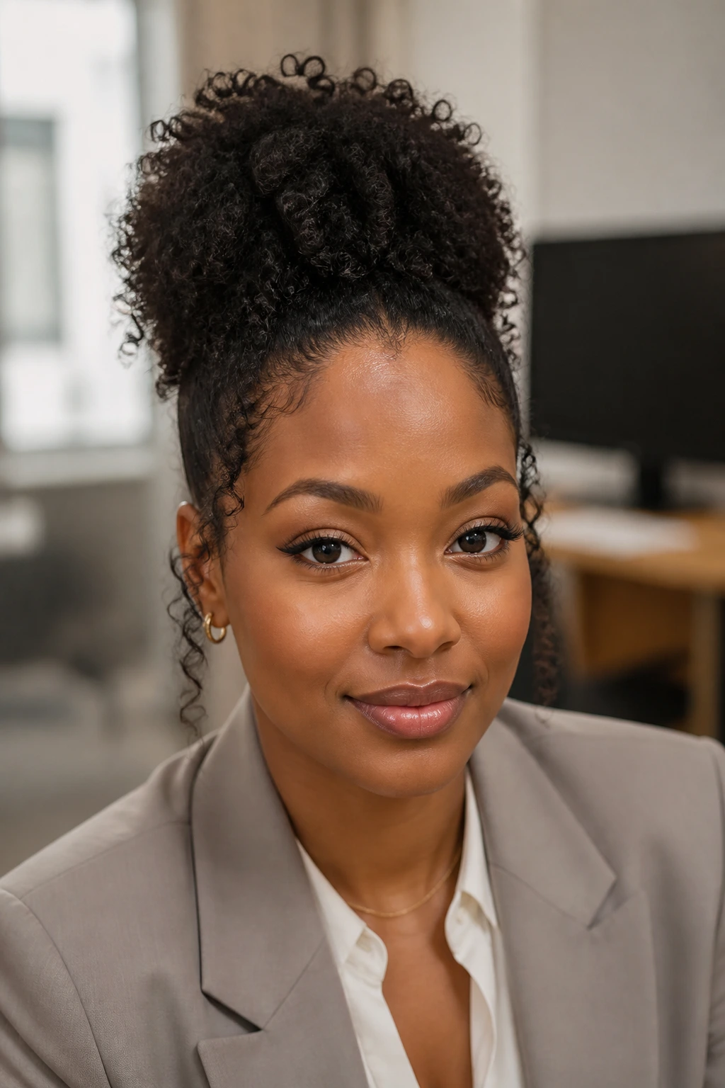 Close-up of a defined curly puff in a tidy office setting