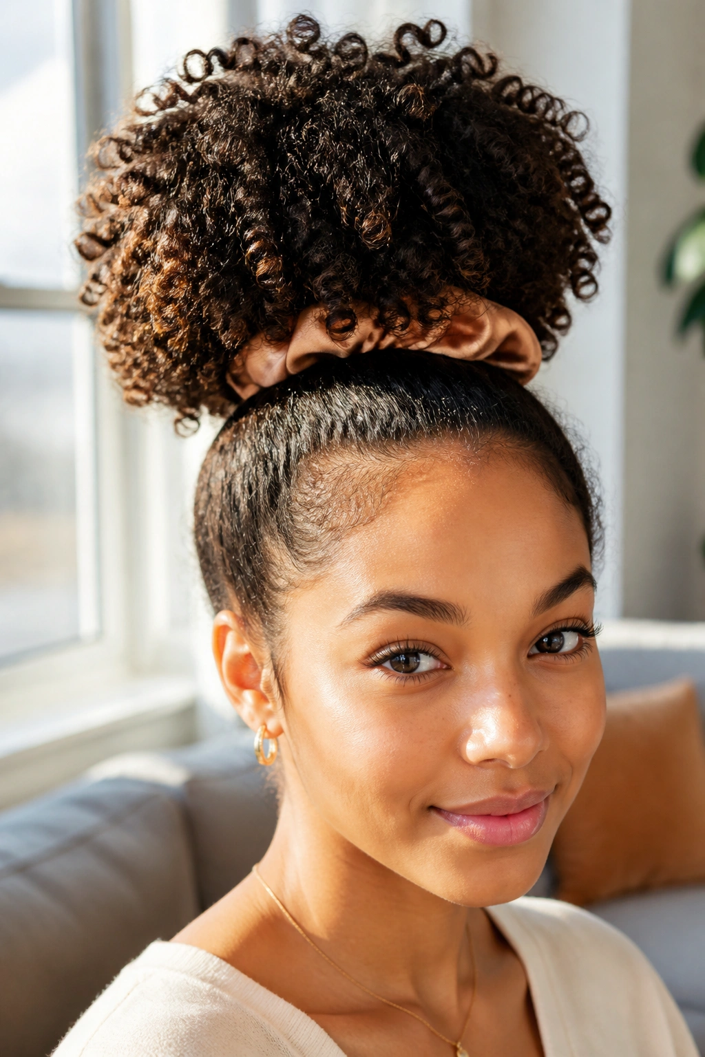 Real person with a curly puff hairstyle featuring a satin scrunchie