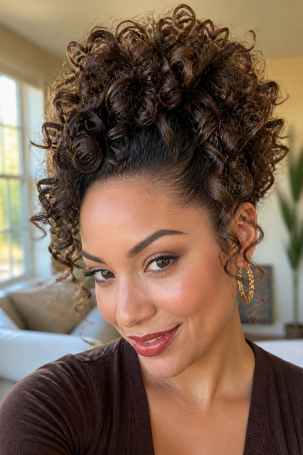 Close-up of curly puff pin-up with lift at roots on a real woman