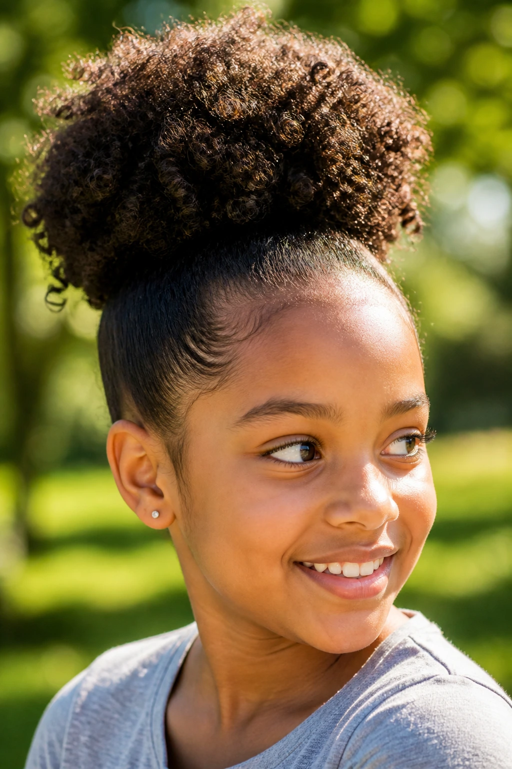 Close-up portrait of a real girl with a curly puff ponytail in a park setting.