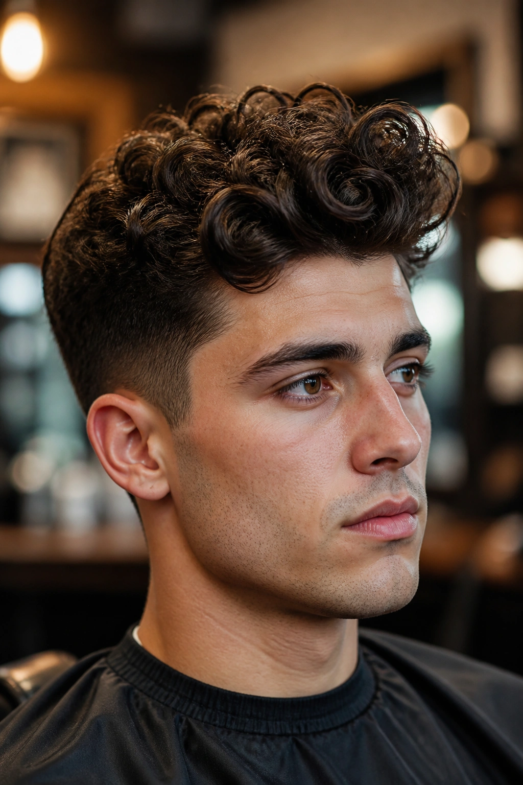 Close-up portrait of a man with curly quiff and defined curl stack