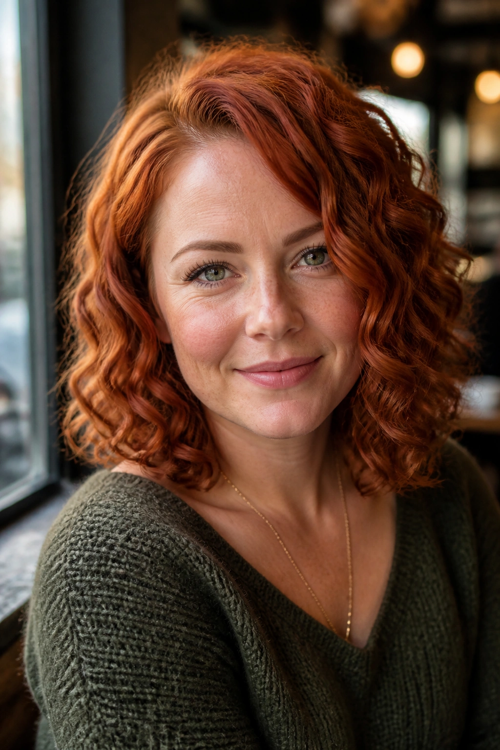 Portrait of a real woman with curly red lob and side part