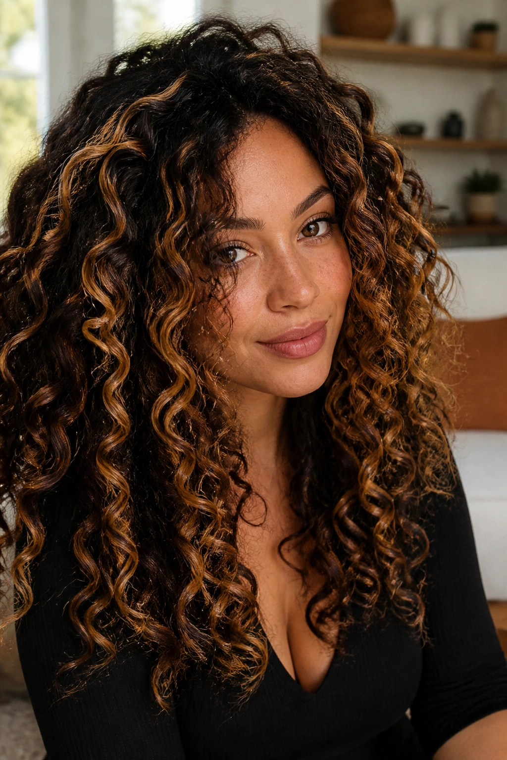 Portrait of a real woman with curly hair featuring ribboned caramel streaks