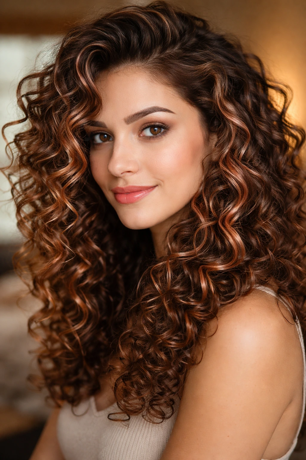 Curly brunette with rose gold highlights following curl pattern in a warm indoor setting