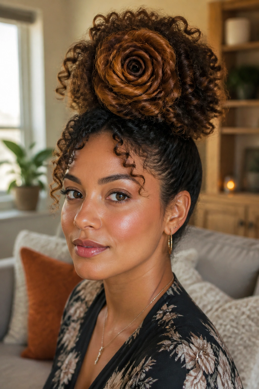 Close-up of a real person with curly hair formed into a rose pin-up style