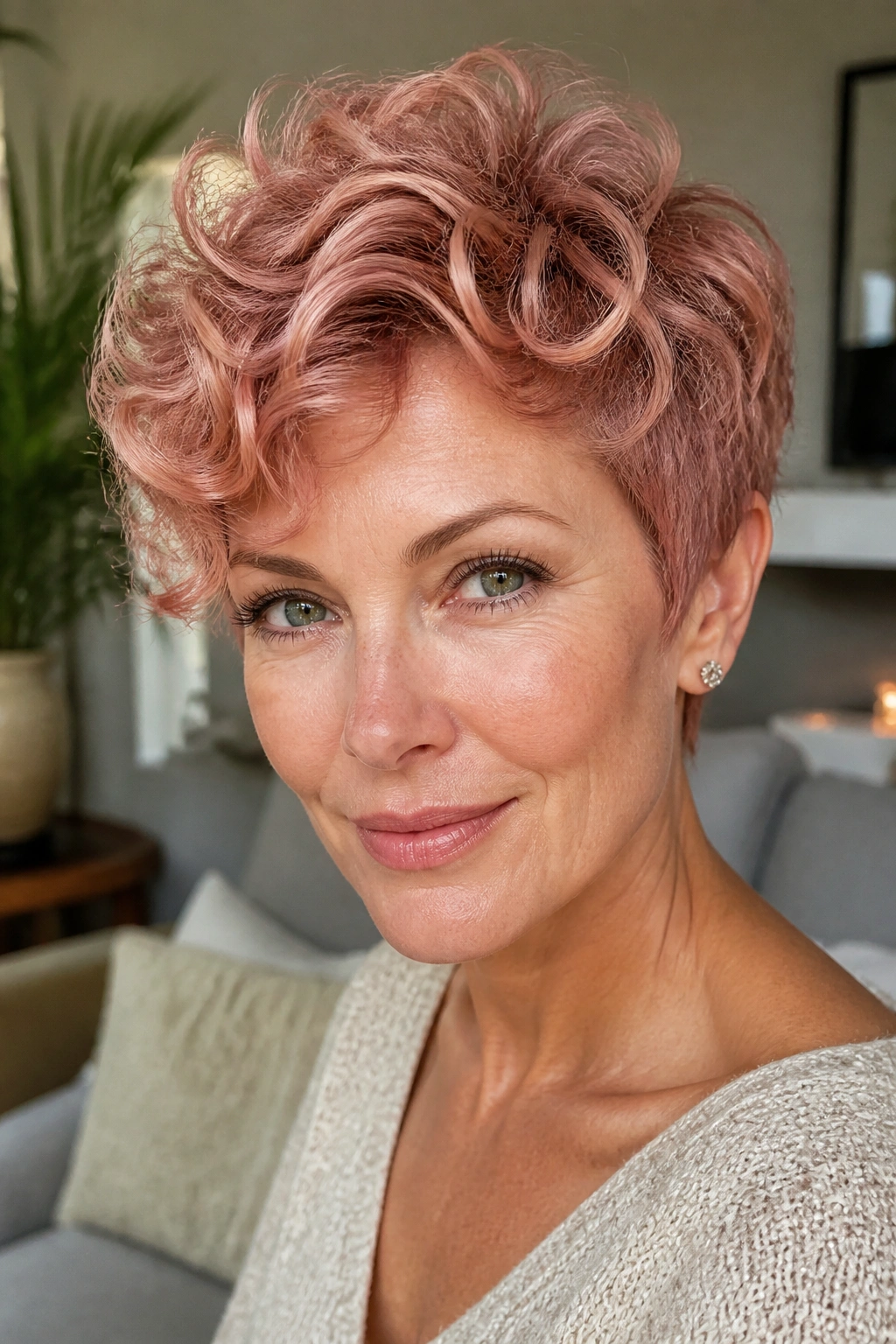 Close-up of a real woman with curly rose pixie and stacked curls in natural light.