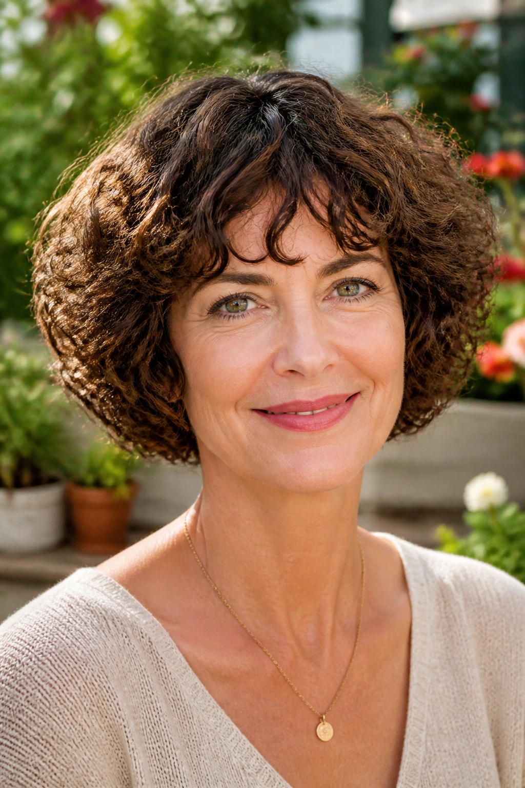 Close-up of a real woman with a curly rounded bob in a sunlit garden