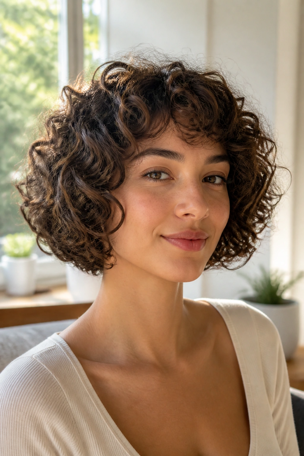 Close-up of a real girl with a curly rounded bob in warm window light