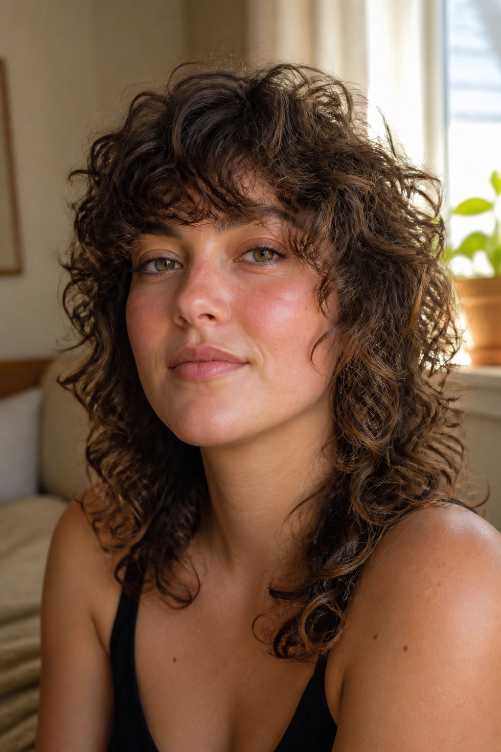 Close-up of a real woman wearing a curly shag suited to a round face.
