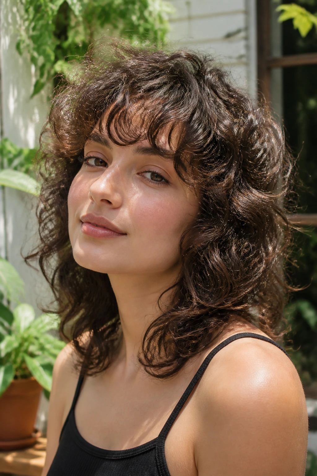 Real person with curly shag and airy bangs in natural courtyard light