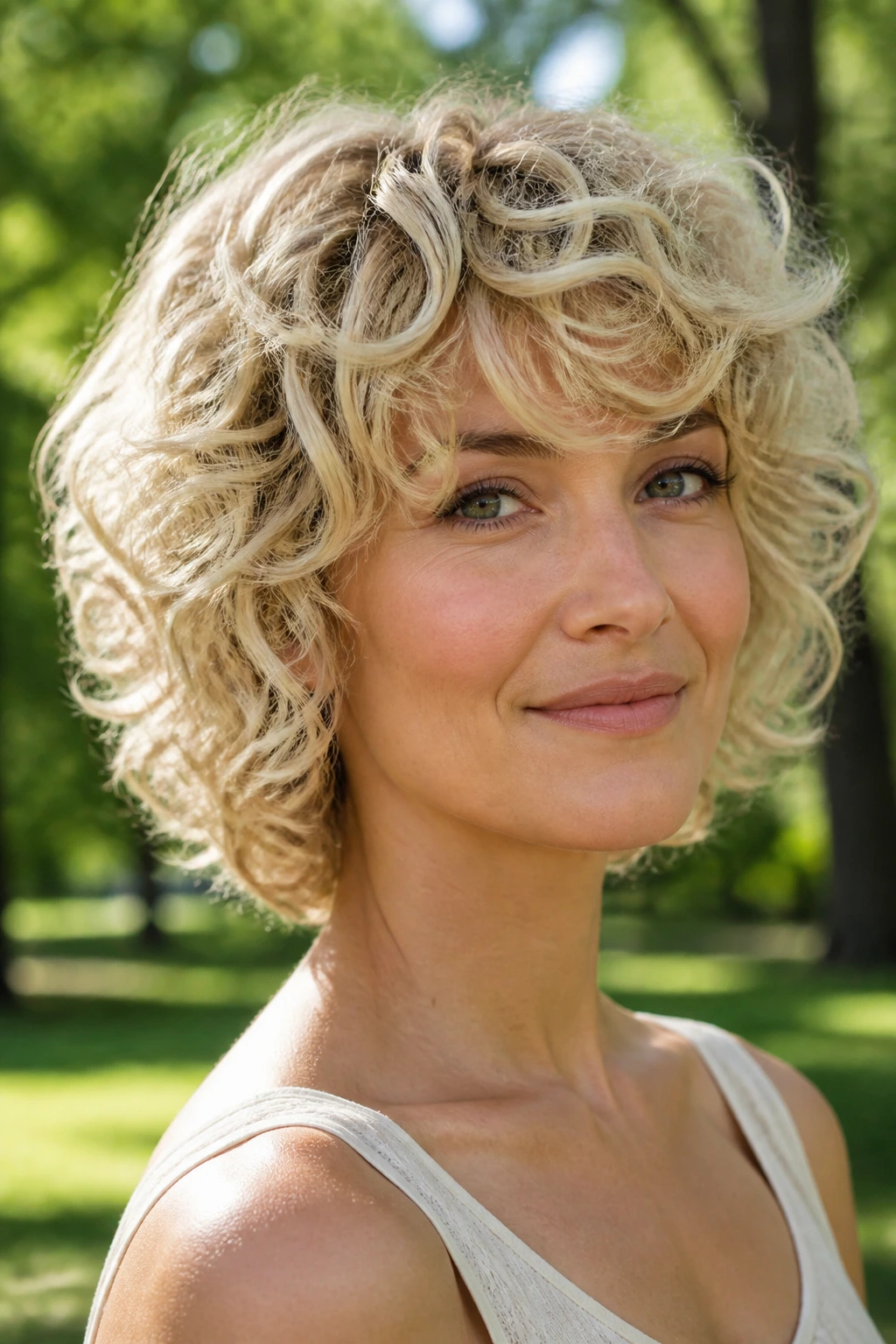Real woman with curly blonde shag and ribbon layers in sunny park