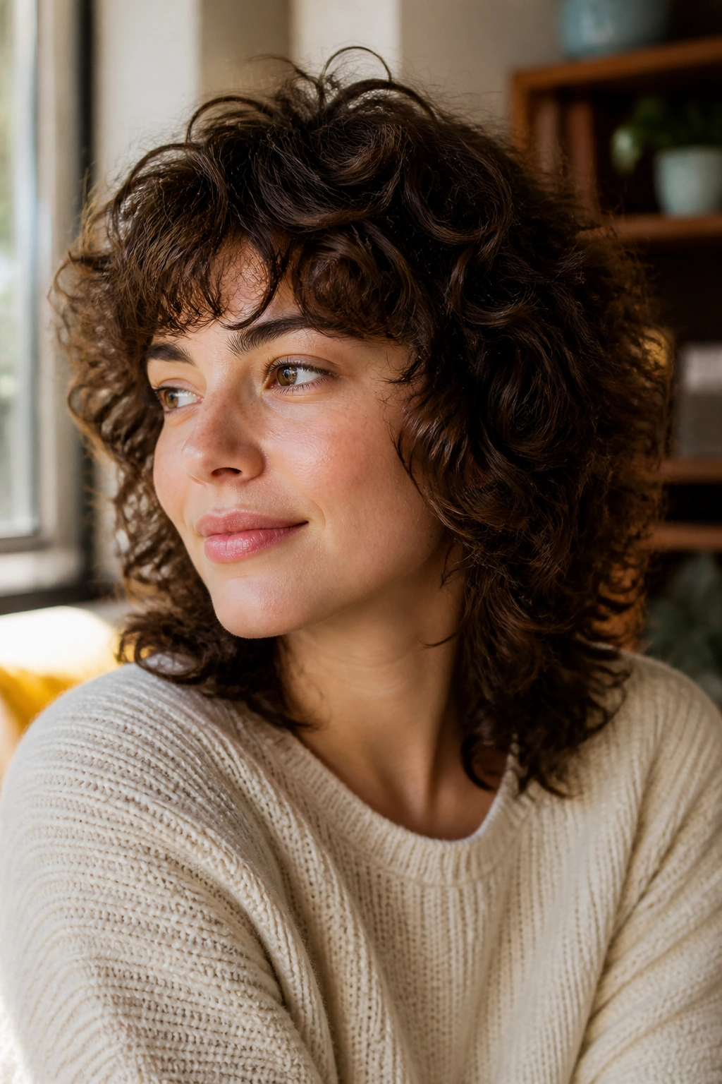 Close-up portrait of a real woman with a curly shag hairstyle and rounded-length control