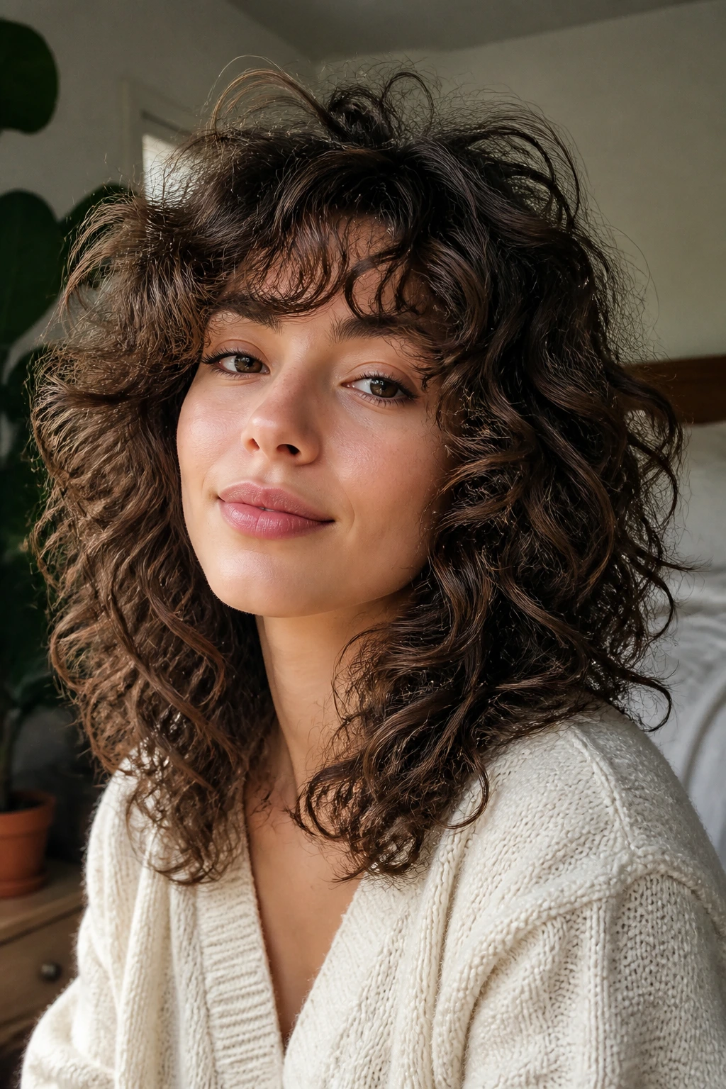 Close-up of real person with curly shag and airy crown hairstyle in warm light