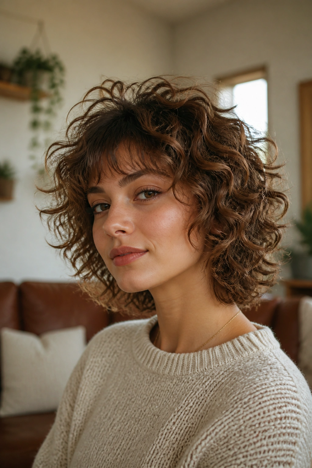 Real person with curly shag and crown lift in a cozy living room.