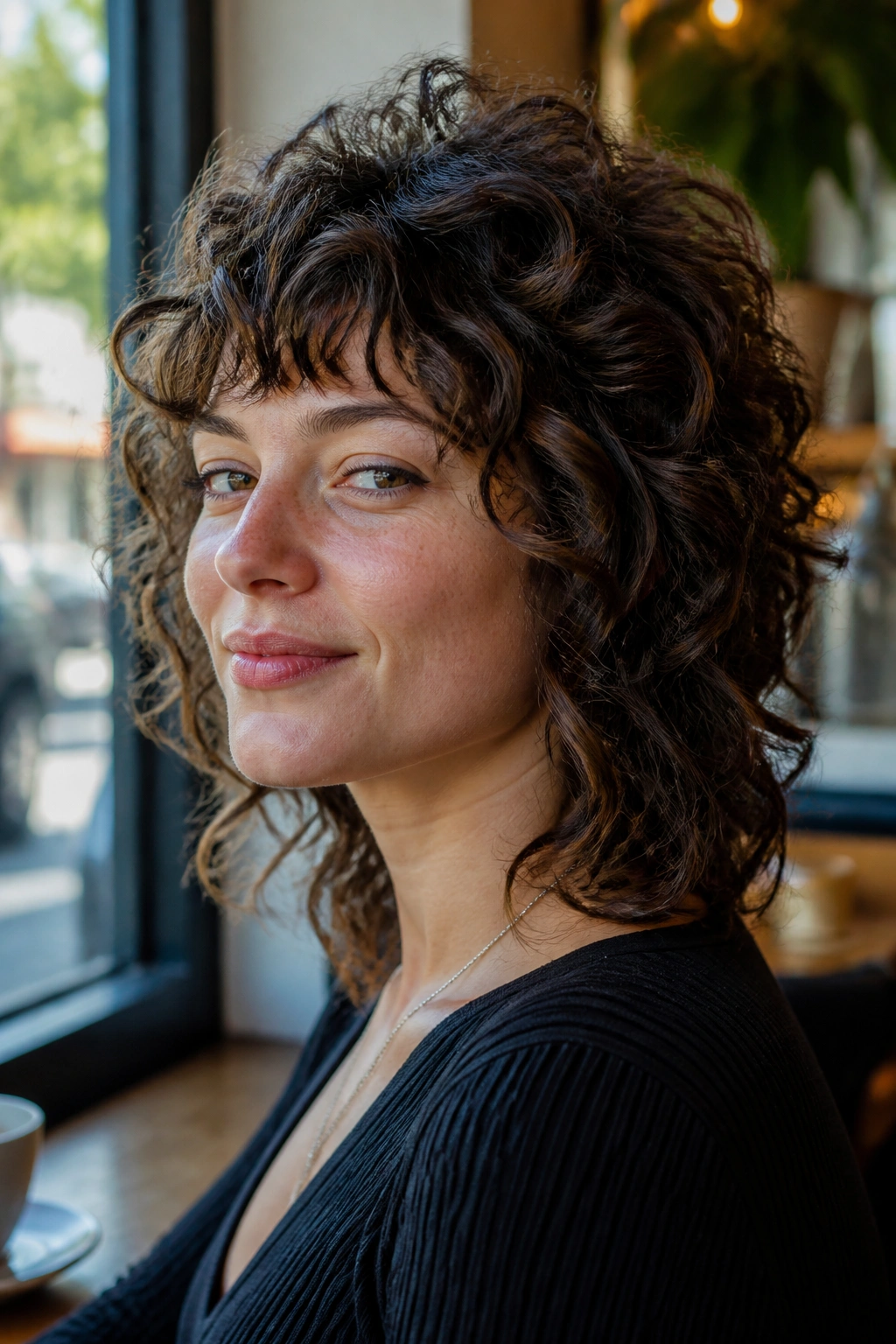 Portrait of a real person with curly shag and lifted crown under warm cafe light
