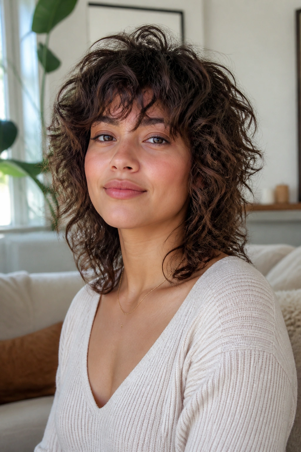 Profile of a woman with curly shag and crown lift in bright natural light
