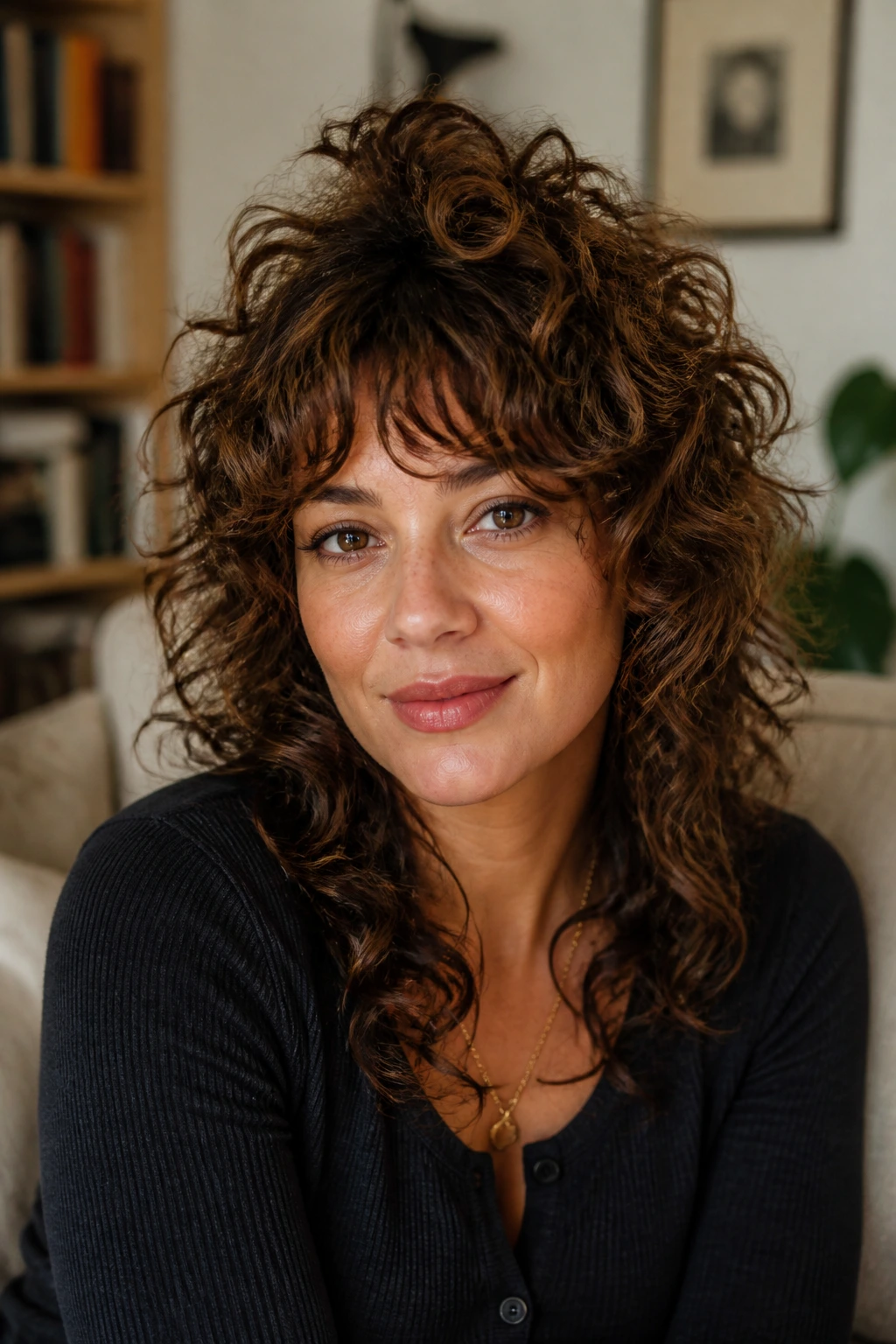 Close-up of a real woman with curly shag and crown lift