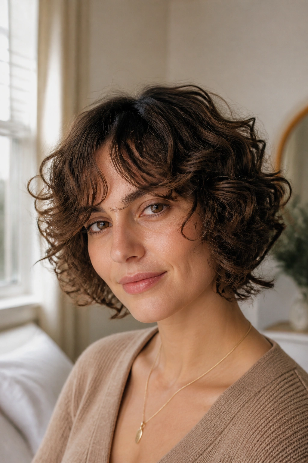 Close-up of chin-length curly shag with curtain bangs on a real woman