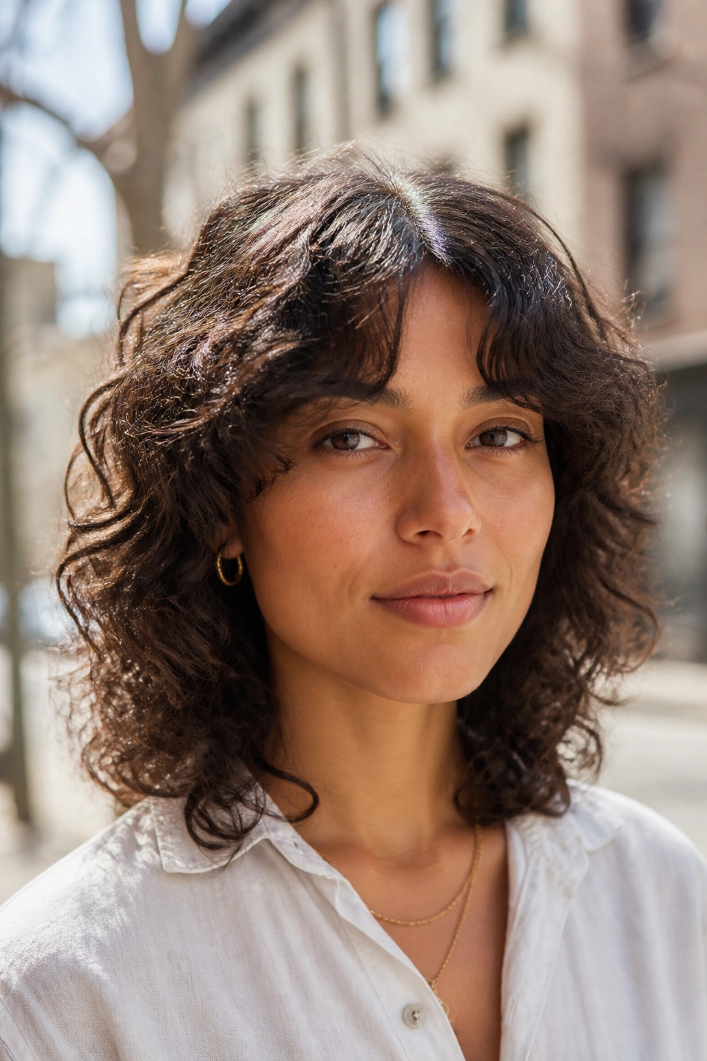 Close-up of a woman with curly shag and curtain bangs parted near the middle.