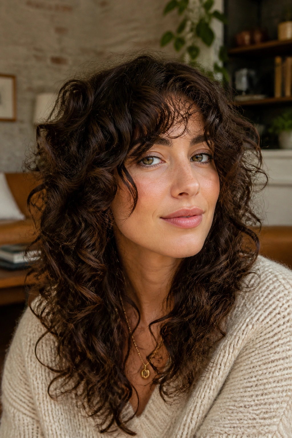 Close-up of a real woman with curly shag and face-framing pieces in natural daylight