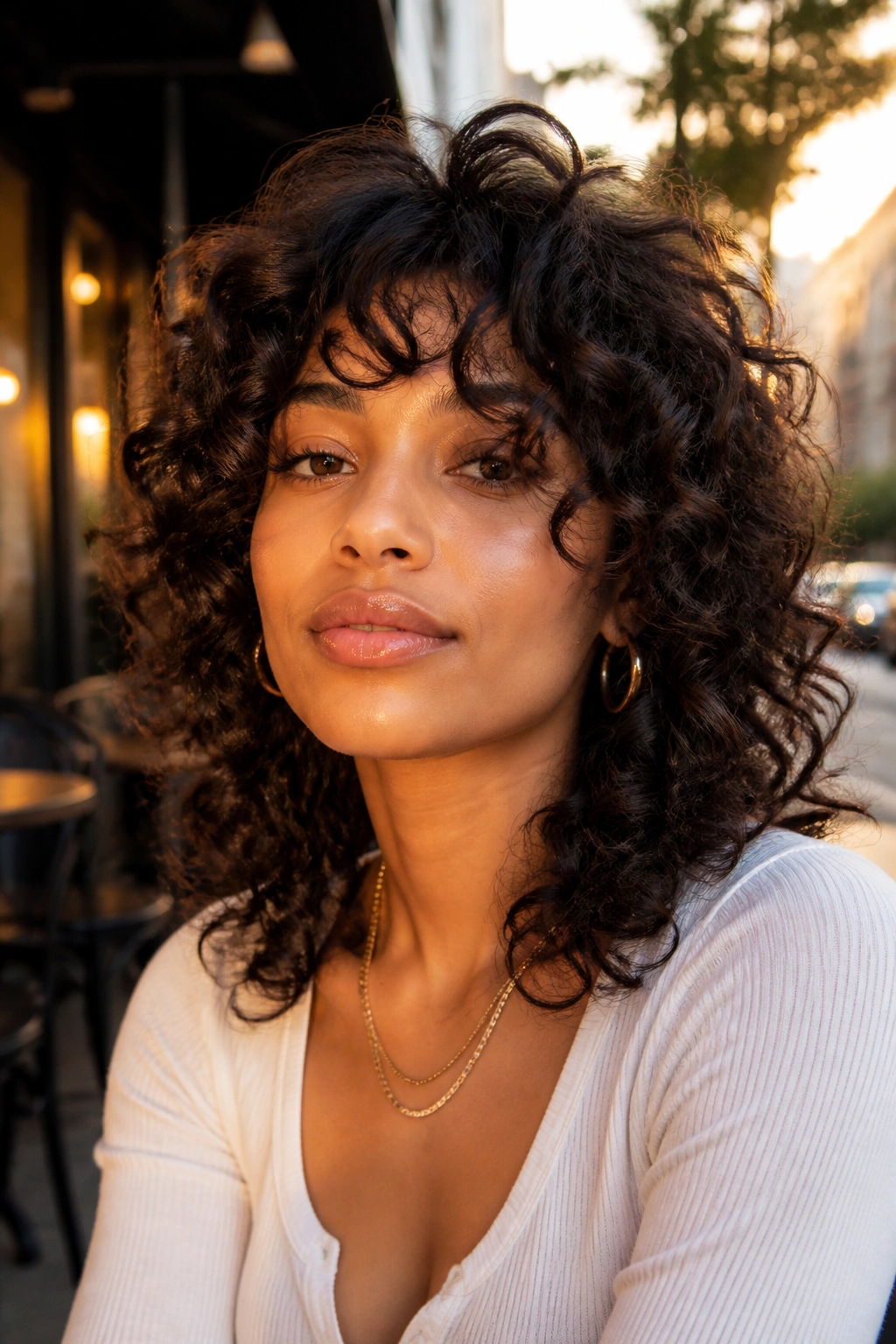 Close-up of a real person with curly shag and face-framing layers
