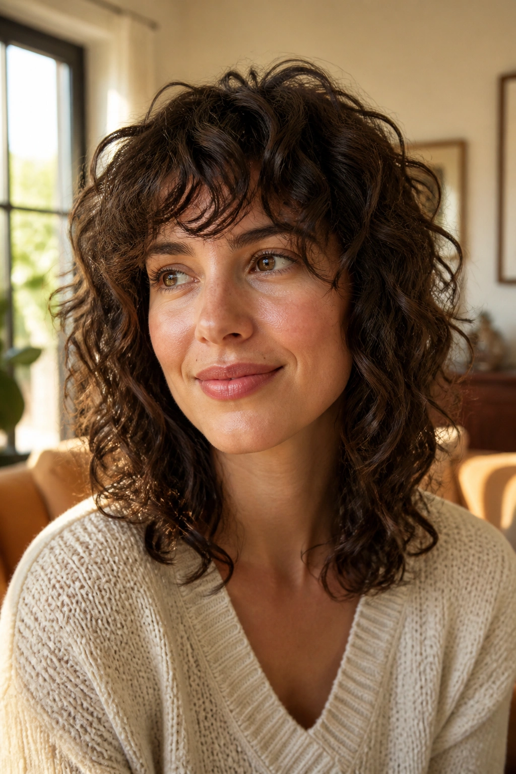 Medium close-up of a real woman with Curly Shag for Fine Curls or Waves