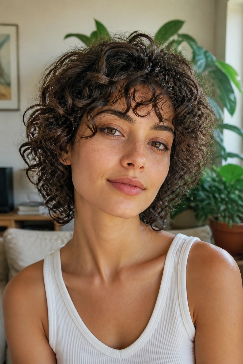 Close-up portrait of real person with curly shag on fine curls in bright living room.
