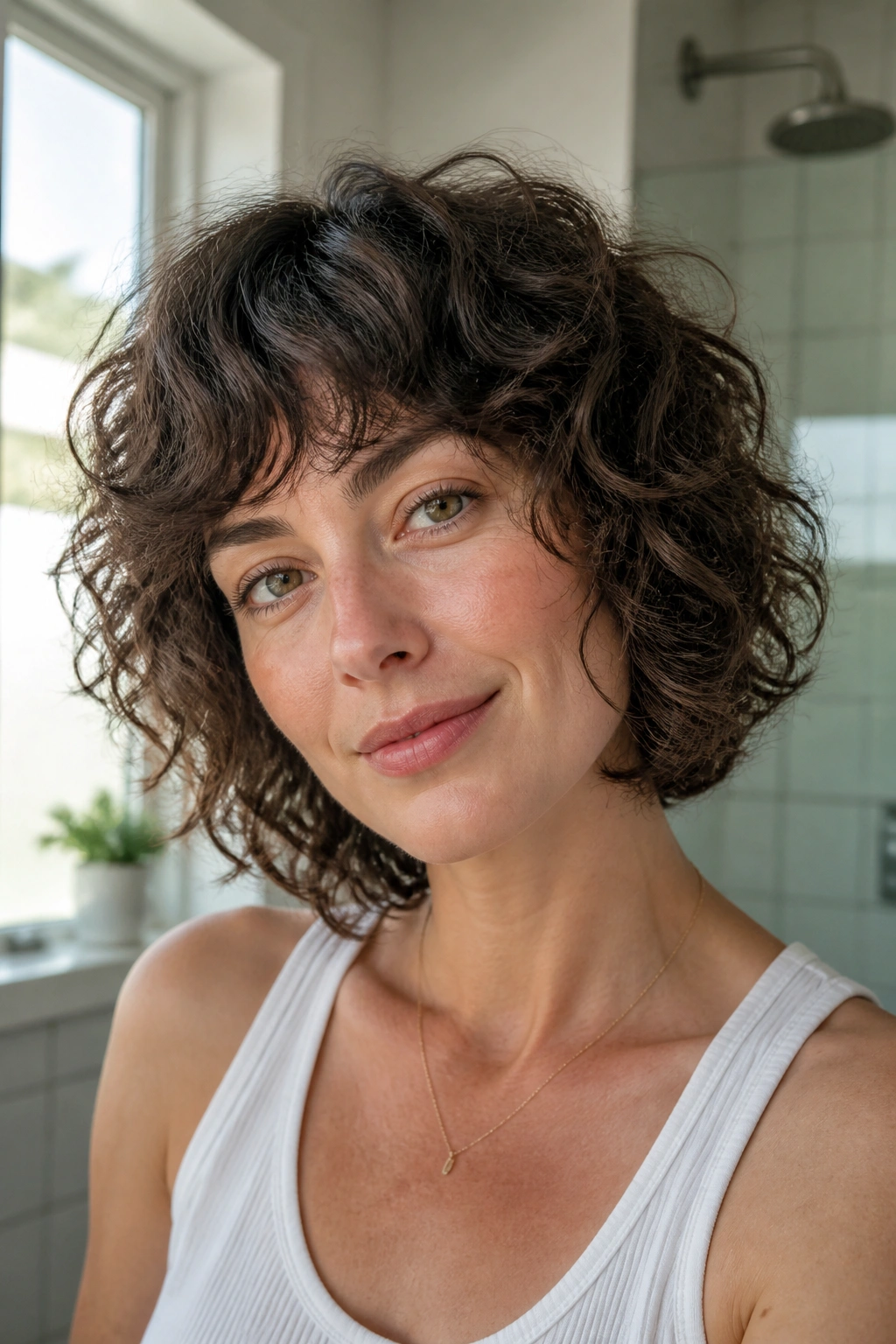 Close-up of real woman with curly shag bob for fine hair in bright bathroom