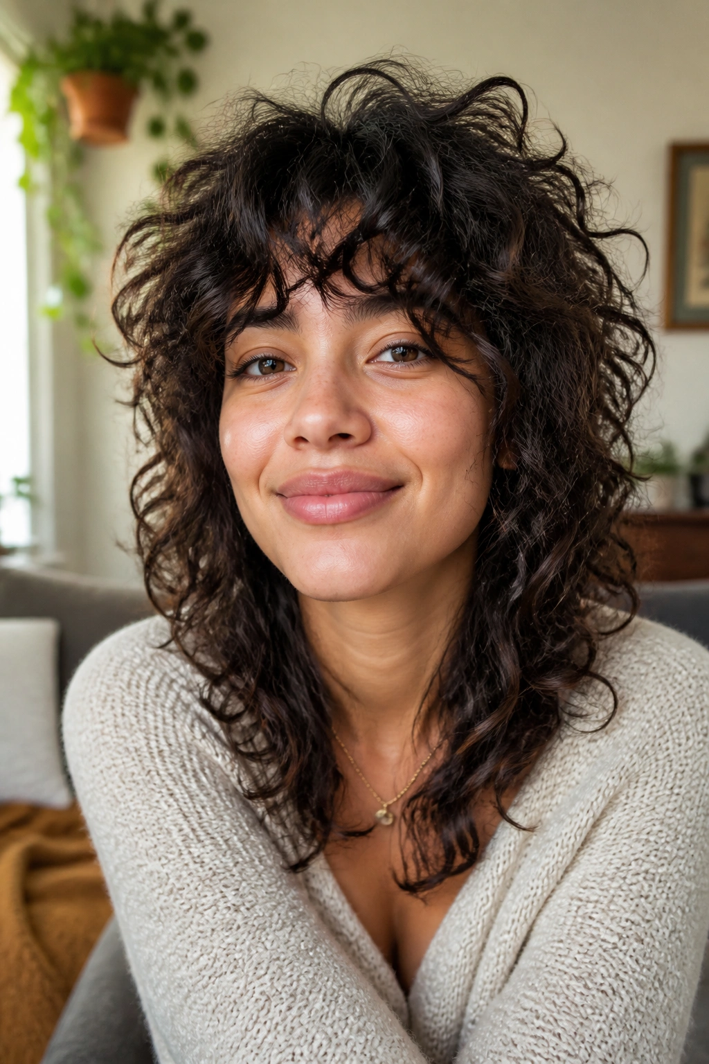 Real person with curly shag and piecey fringe, close-up portrait with textured curls.