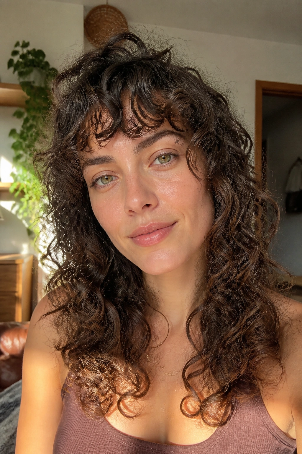 Portrait of a real woman with curly shag and soft curly fringe