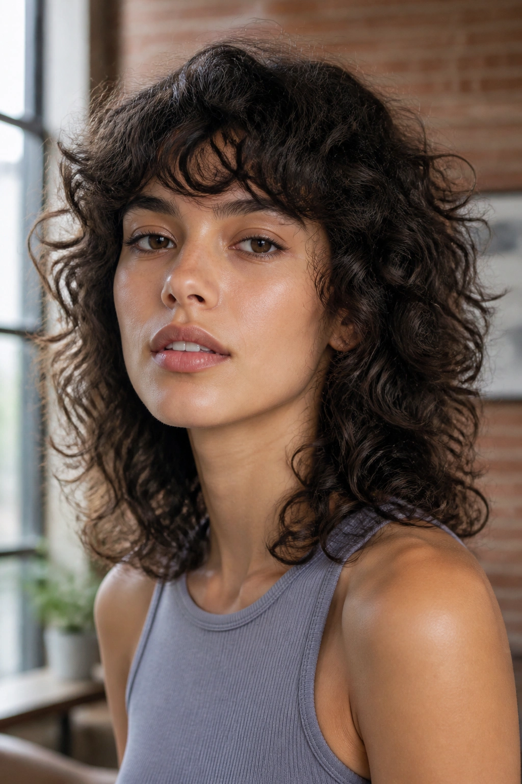 Close-up portrait of a real woman with curly shag and soft fringe in bright daylight