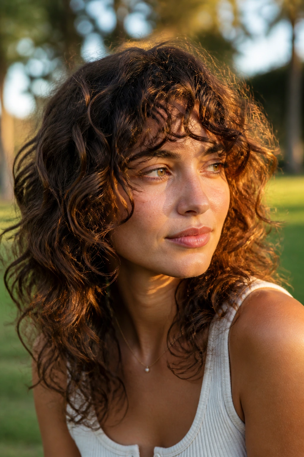 Close-up portrait of a real woman with curly shag fringe.